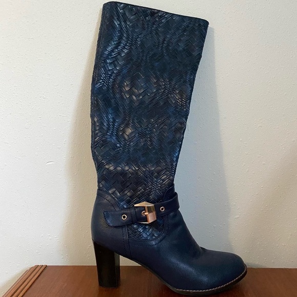 Navy Woven Heeled Rider Boots - Picture 3 of 7